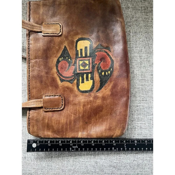 Vtg Brown Leather Shoulder Bag Boho Native American Polychrome Geometric Figure - Picture 10 of 11